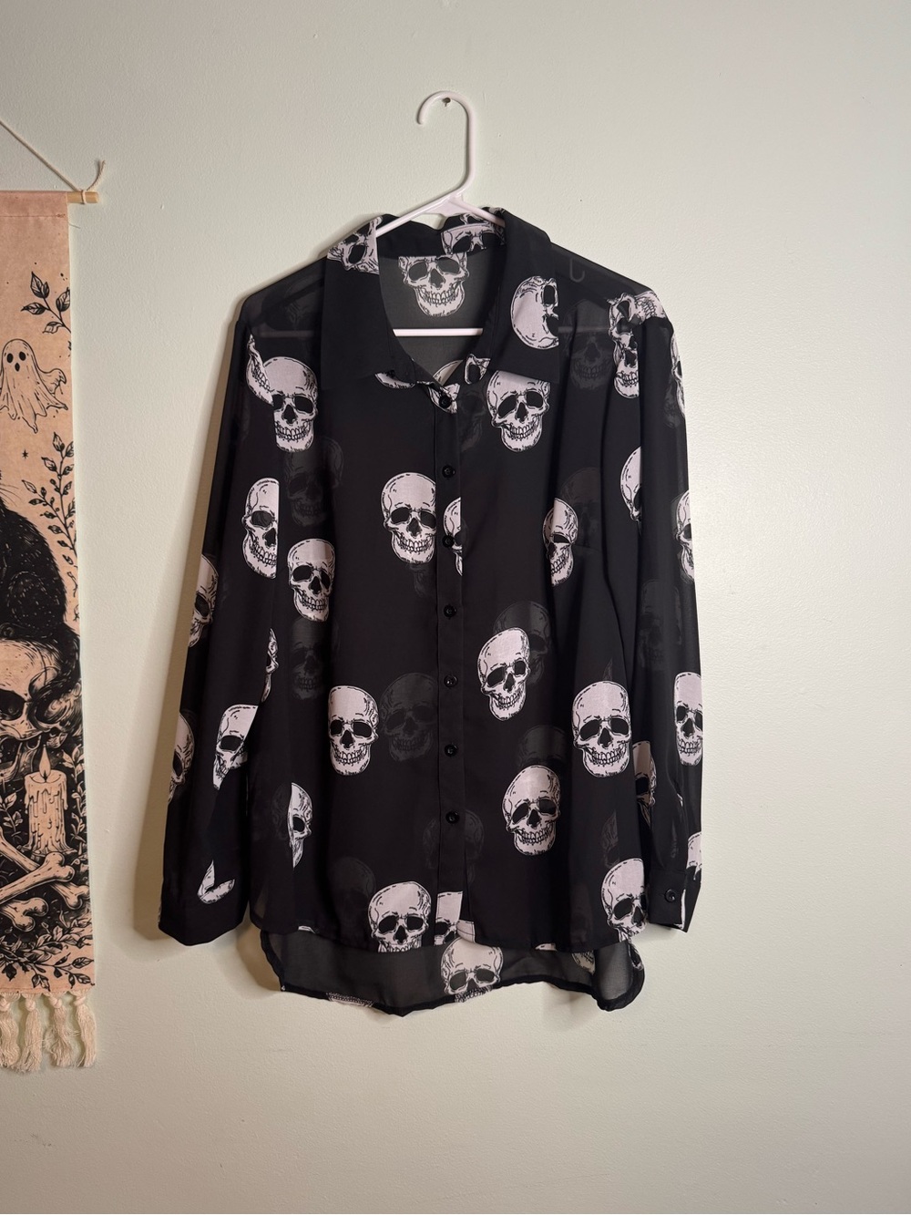 Sheer Skull Print Button-Up Shirt (1XL)